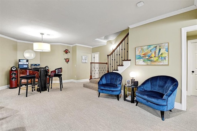 living room featuring crown molding and light carpet