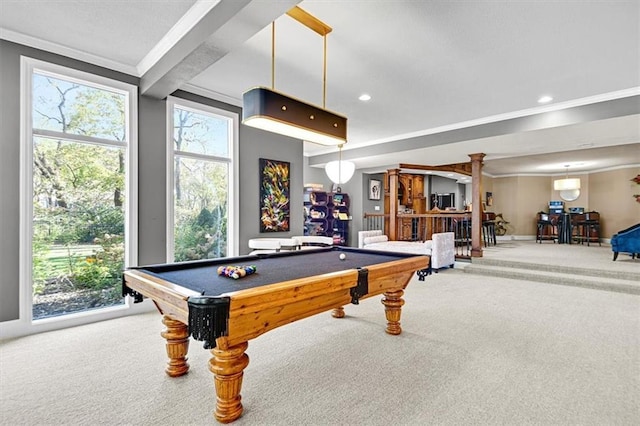 rec room featuring pool table, ornate columns, beam ceiling, ornamental molding, and carpet