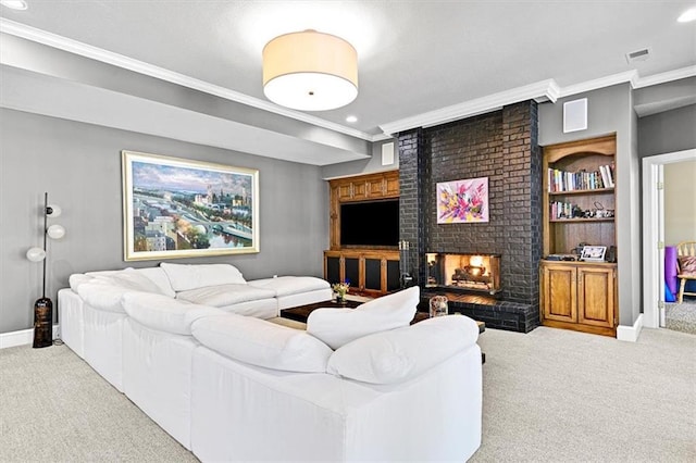 carpeted living room featuring crown molding and a fireplace