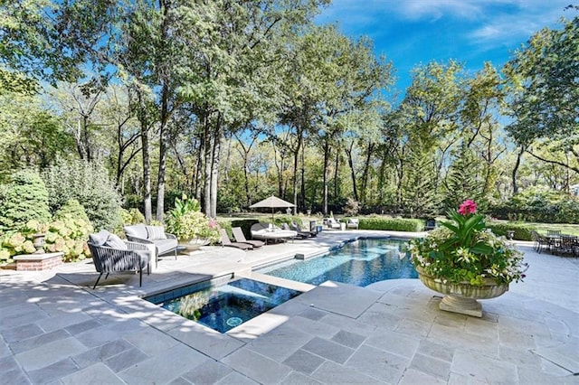 view of pool featuring an in ground hot tub and a patio area