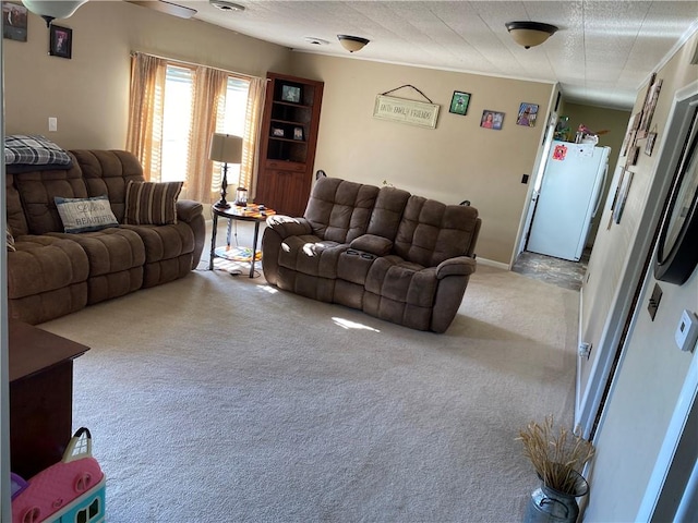 living room with light carpet and a textured ceiling