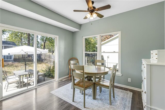 dining area featuring plenty of natural light, baseboards, and dark wood-type flooring