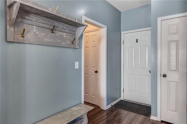 foyer entrance featuring dark wood-style flooring and baseboards