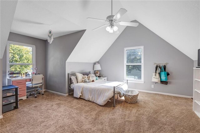 bedroom featuring lofted ceiling, carpet, baseboards, and a ceiling fan