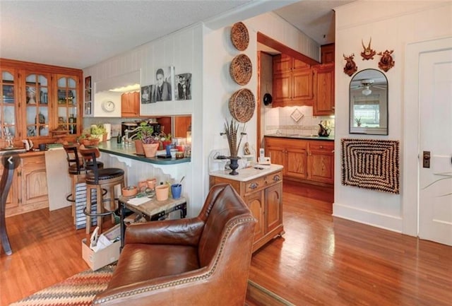 living room featuring light hardwood / wood-style floors and ceiling fan