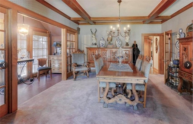 dining space featuring an inviting chandelier, beam ceiling, coffered ceiling, and dark colored carpet