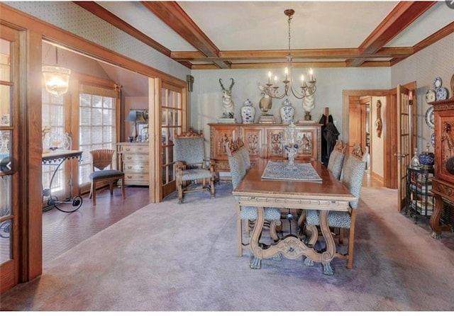 dining space featuring beam ceiling, carpet, a notable chandelier, and coffered ceiling