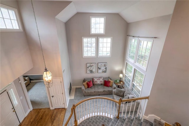 living area with high vaulted ceiling and hardwood / wood-style flooring