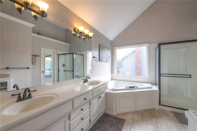 bathroom featuring vanity, high vaulted ceiling, tile patterned floors, and separate shower and tub