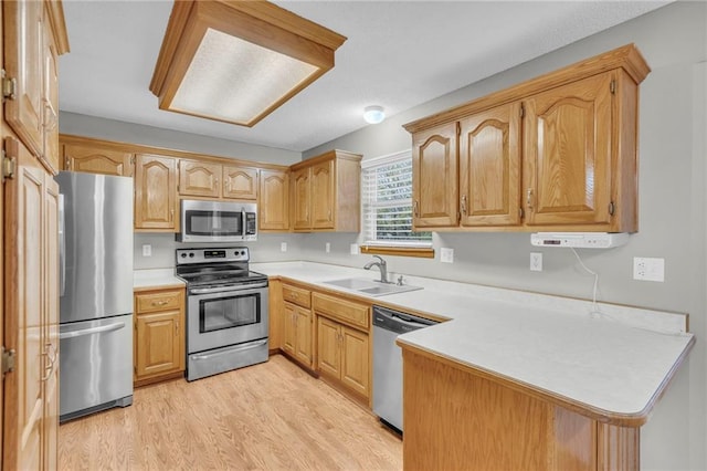 kitchen featuring kitchen peninsula, appliances with stainless steel finishes, light hardwood / wood-style flooring, and sink