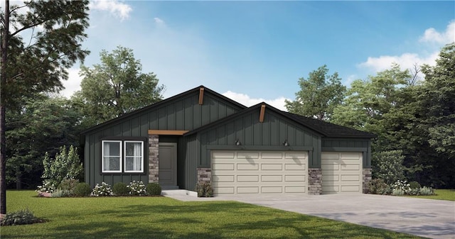 view of front of property with driveway, stone siding, a garage, and board and batten siding