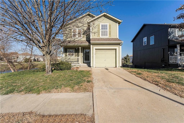 view of front property with a porch, a garage, and a front yard