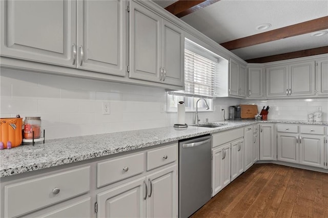 kitchen with dishwasher, sink, white cabinetry, dark wood-type flooring, and decorative backsplash