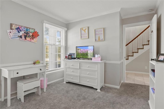 interior space with light carpet and ornamental molding