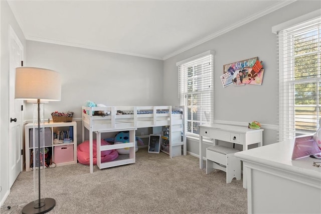 carpeted bedroom with crown molding