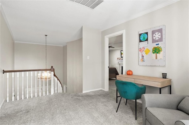 carpeted office space with crown molding and ceiling fan with notable chandelier