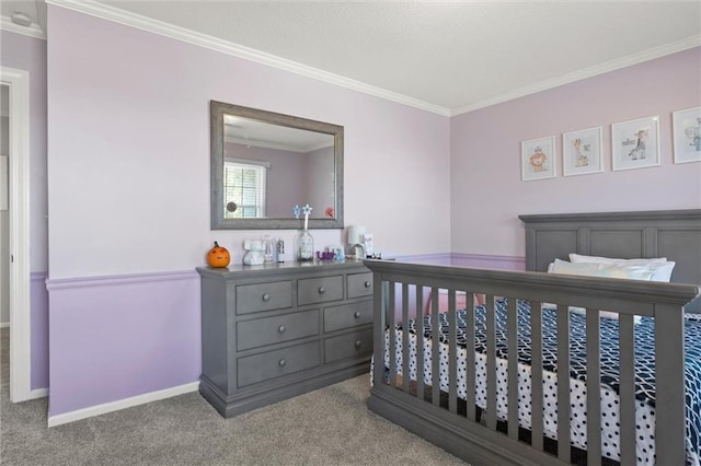 carpeted bedroom with crown molding