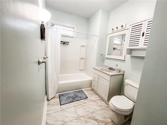 full bathroom with vanity, toilet, and shower / bathtub combination with curtain