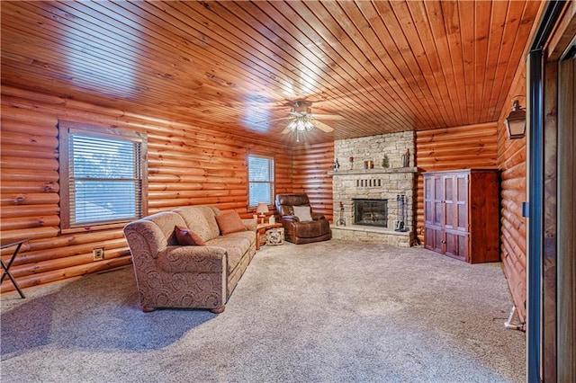 carpeted living room featuring a wealth of natural light, wooden ceiling, ceiling fan, and log walls