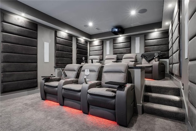 home theater featuring carpet flooring