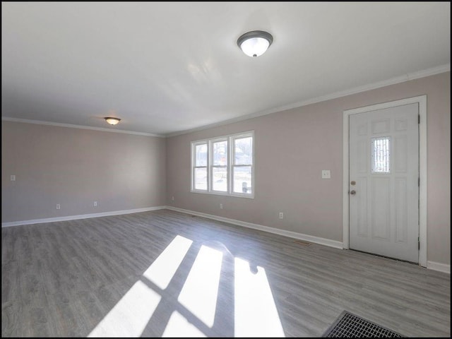 foyer with crown molding and wood-type flooring