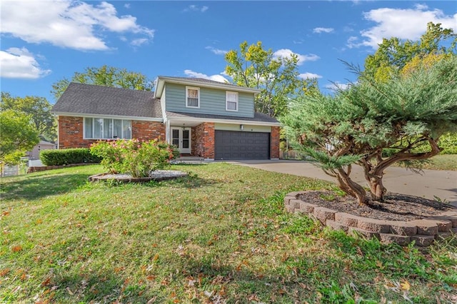 view of property with a garage and a front lawn