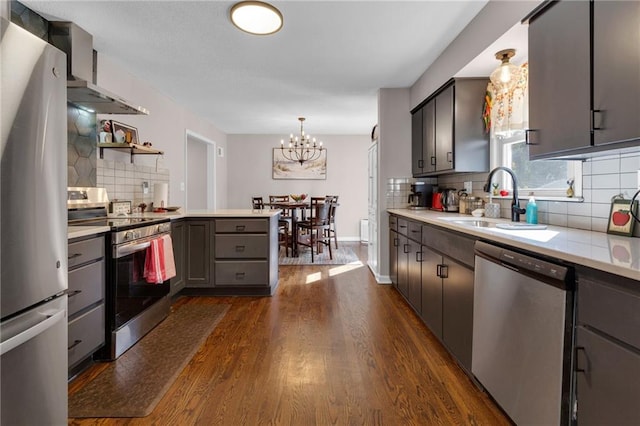 kitchen featuring decorative backsplash, appliances with stainless steel finishes, dark wood-type flooring, and sink