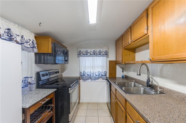 kitchen featuring decorative backsplash, electric range, light tile patterned floors, dishwashing machine, and sink