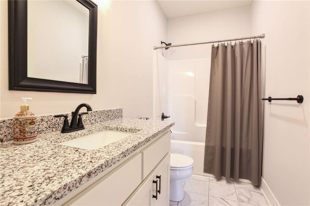 full bathroom with vanity, toilet, and shower / tub combo with curtain