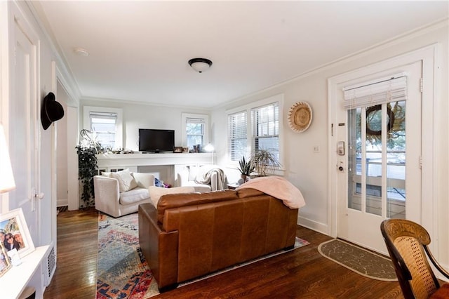 living room featuring dark wood-type flooring and crown molding