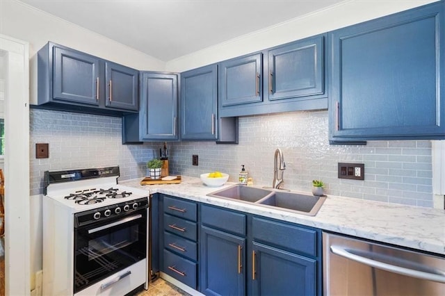 kitchen featuring blue cabinetry, sink, and white stove