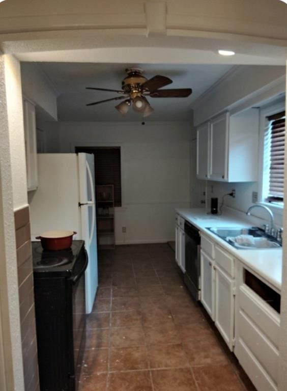 kitchen with white cabinets, sink, ceiling fan, and black appliances