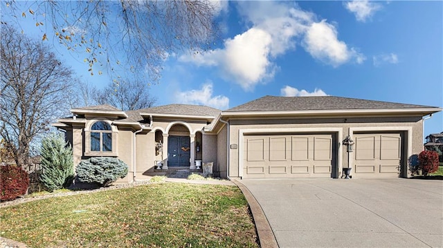 single story home featuring a garage and a front yard