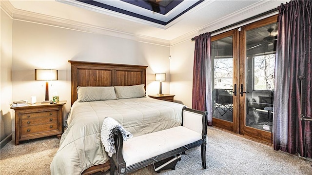 carpeted bedroom featuring french doors, access to exterior, and crown molding