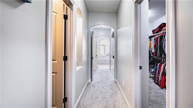 hallway featuring light colored carpet