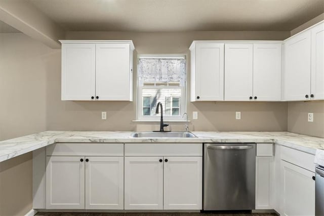 kitchen with a sink, light stone countertops, white cabinetry, and stainless steel dishwasher