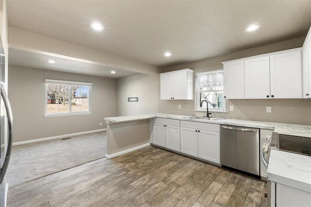 kitchen featuring a sink, plenty of natural light, stainless steel dishwasher, and light wood finished floors