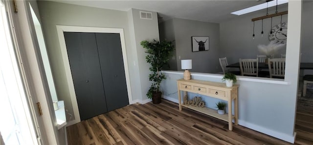 foyer entrance with dark wood-type flooring and a skylight