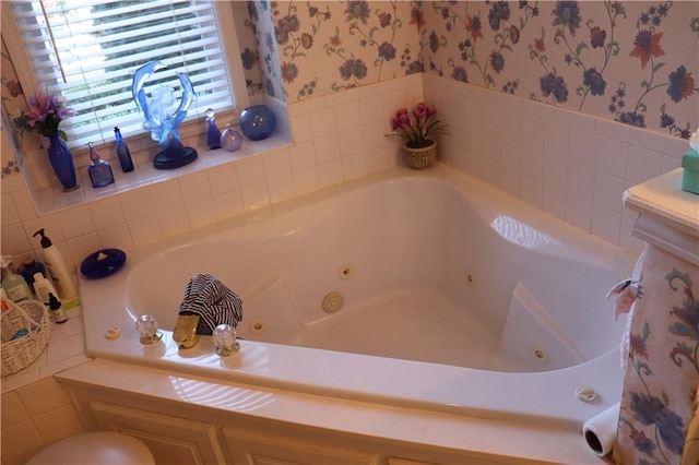 5850 Park Cir, Shawnee, KS 66216 - bathroom featuring wallpapered walls, a jetted tub, and toilet