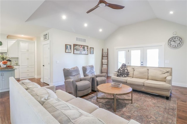 living room featuring lofted ceiling, french doors, ceiling fan, and dark hardwood / wood-style flooring