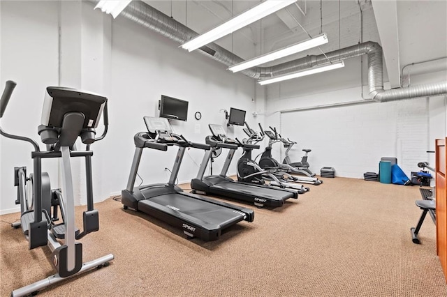 workout area featuring a high ceiling and carpet