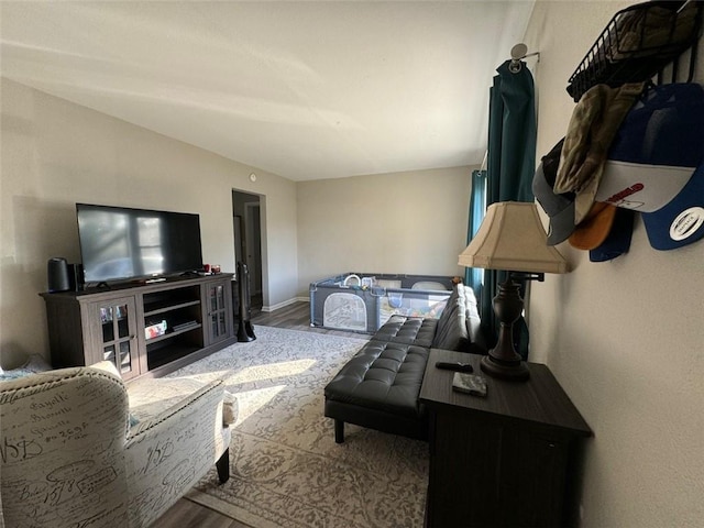 living room with vaulted ceiling and wood-type flooring