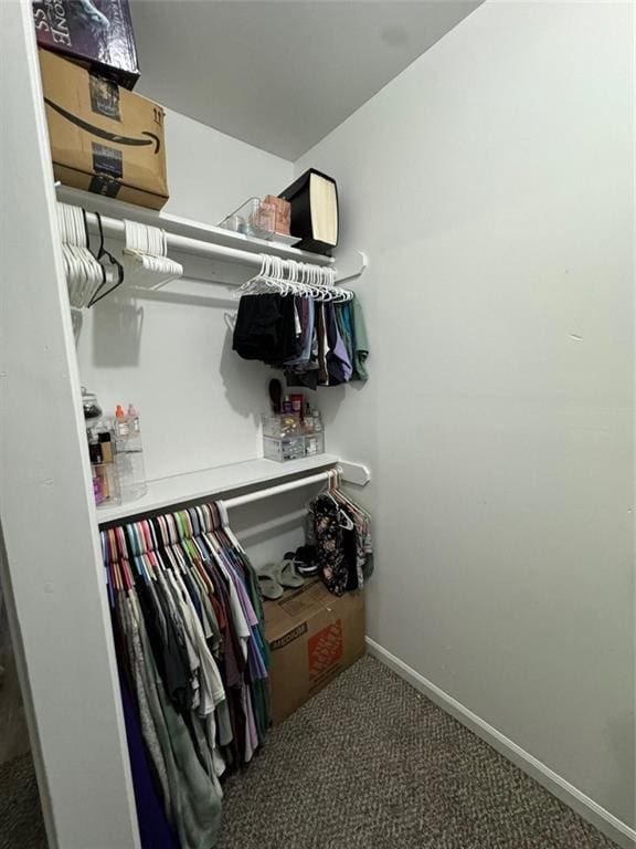 walk in closet with dark colored carpet