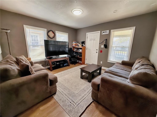 living room featuring a textured ceiling, plenty of natural light, and light wood-type flooring