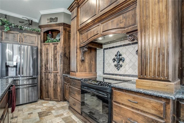 kitchen featuring tasteful backsplash, dark stone counters, crown molding, black electric range, and stainless steel fridge with ice dispenser