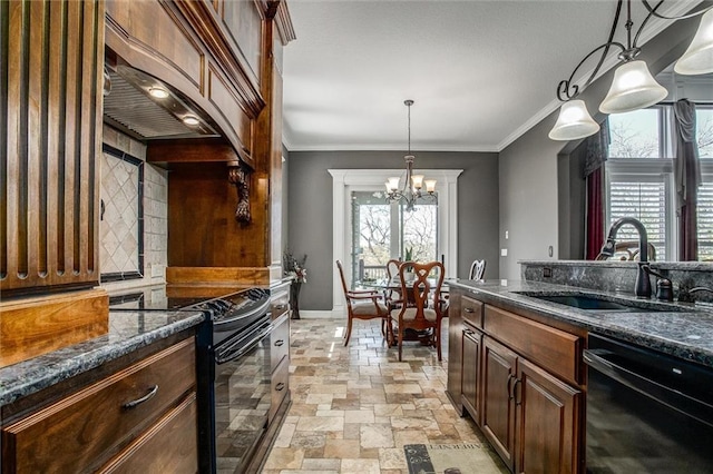 kitchen with crown molding, sink, black appliances, decorative light fixtures, and an inviting chandelier