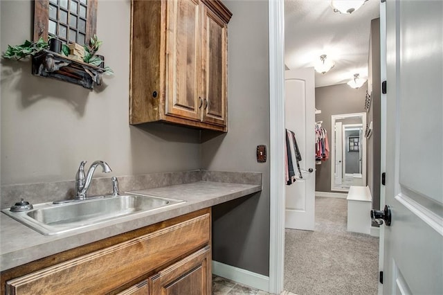 kitchen featuring sink and light carpet