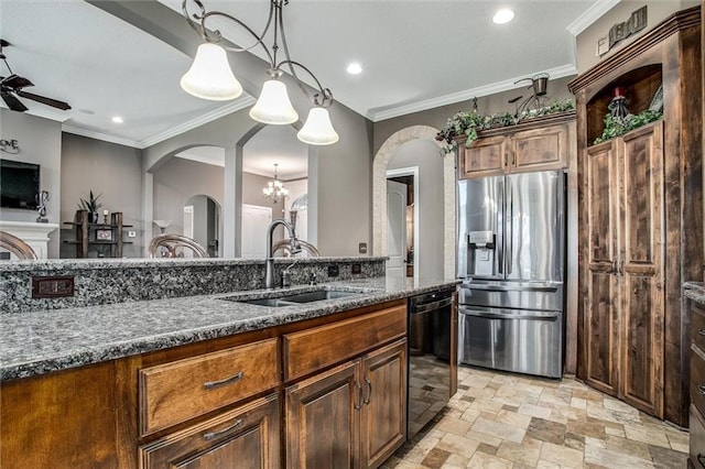 kitchen with a ceiling fan, dishwasher, stainless steel fridge with ice dispenser, stone finish flooring, and a sink