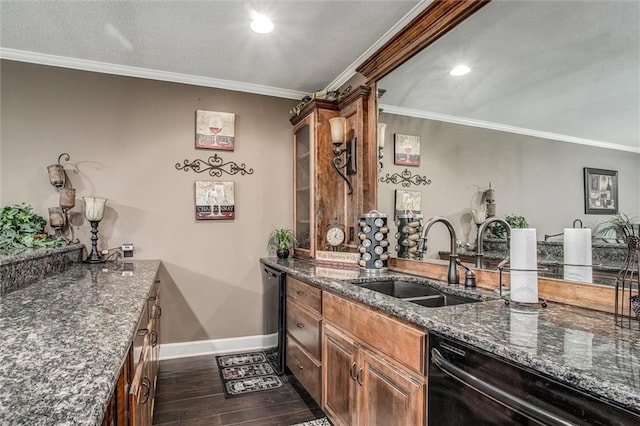 bar with a sink, baseboards, dishwasher, dark wood finished floors, and crown molding