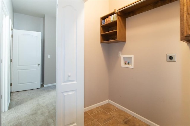 washroom featuring hookup for an electric dryer, hookup for a washing machine, and light colored carpet